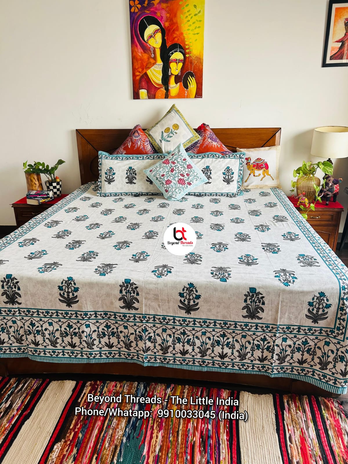 Handcrafted Mughal Floral Boota Turquoise Hand-Block printed Cotton Bedsheet Set