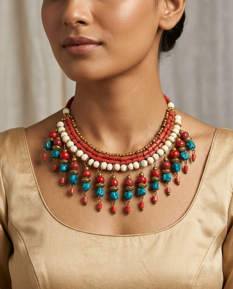 Handcrafted The Indie Heritage Beaded Choker - Coral Red & Turquoise