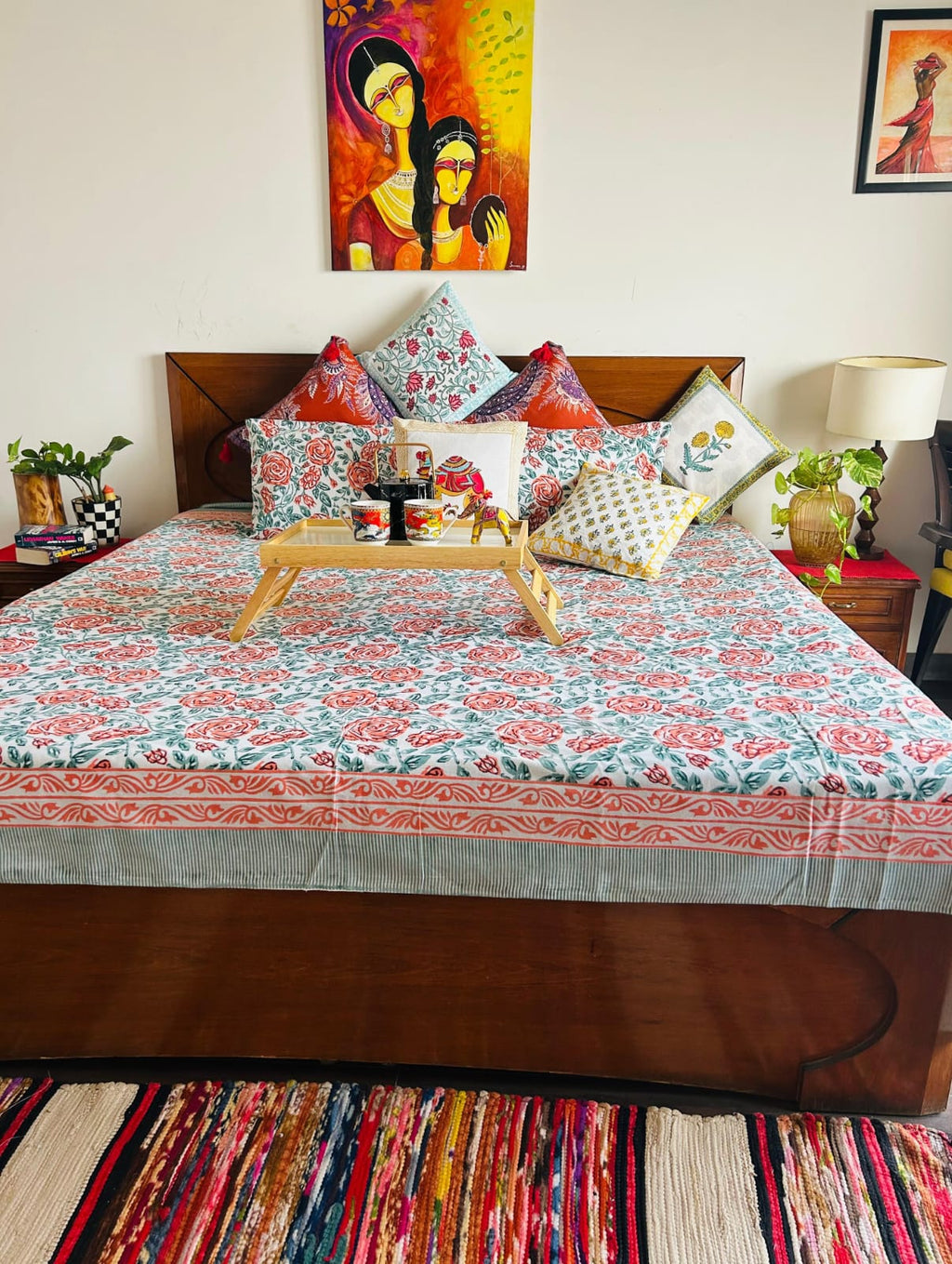 Handcrafted Vintage Rose Hand-Block Printed Cotton Bedsheet Set