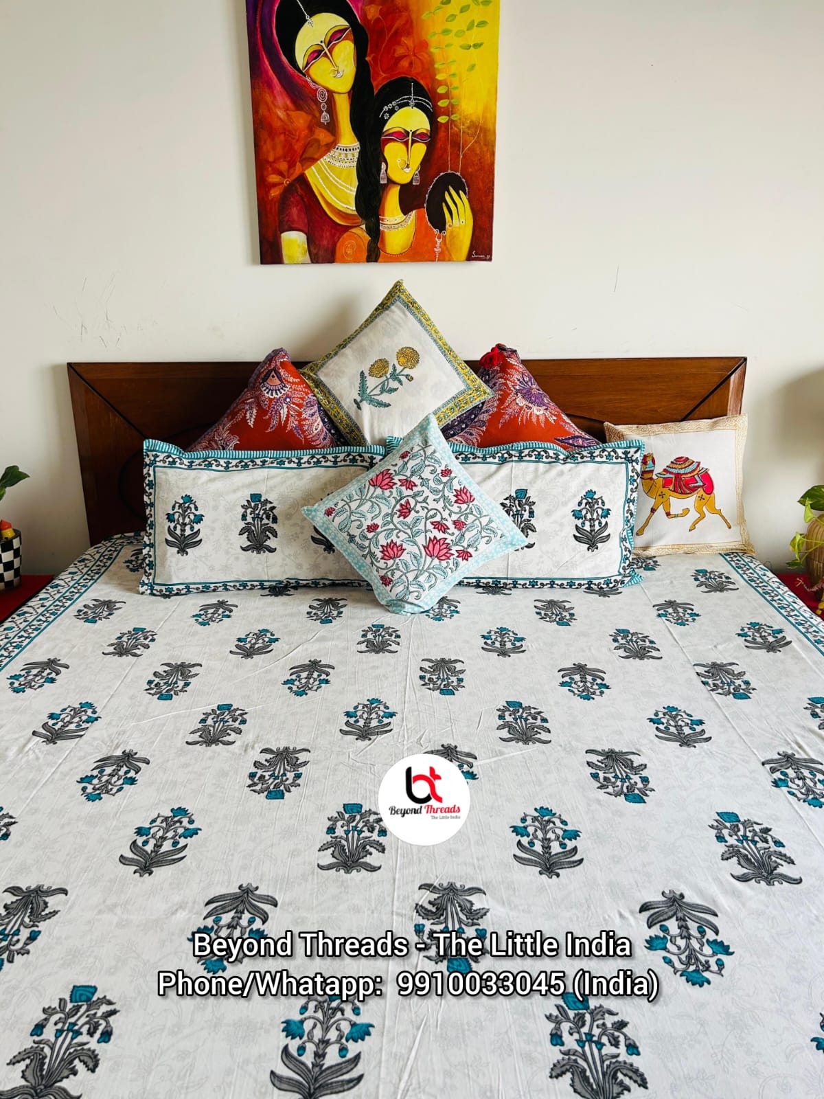 Handcrafted Mughal Floral Boota Turquoise Hand-Block printed Cotton Bedsheet Set