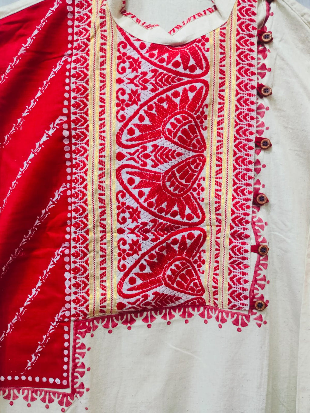 Handcrafted Off-White & Red Cotton Men's Kurta with Festive Yoke