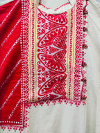 Handcrafted Off-White & Red Cotton Men's Kurta with Festive Yoke