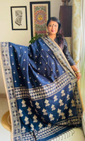 Handcrafted Navy Blue Cotton Khadi Jamdani Saree