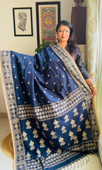 Handcrafted Navy Blue Cotton Khadi Jamdani Saree