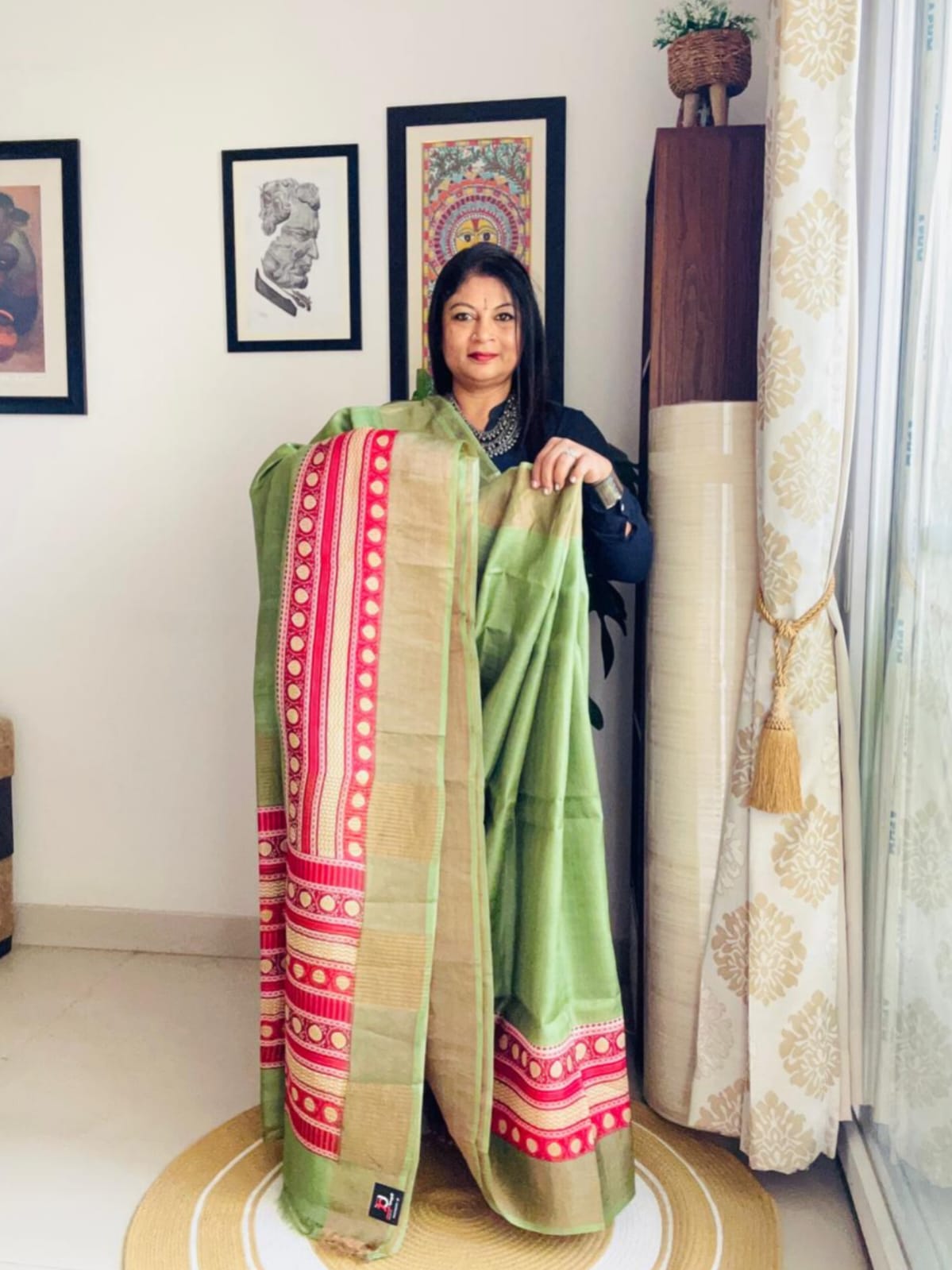 Handcrafted Sage Green Tussar Silk Saree with Temple Print Pallu