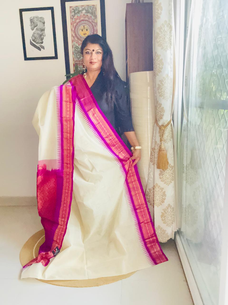 Handcrafted White Gadwal Cotton Saree with Magenta Zari Border