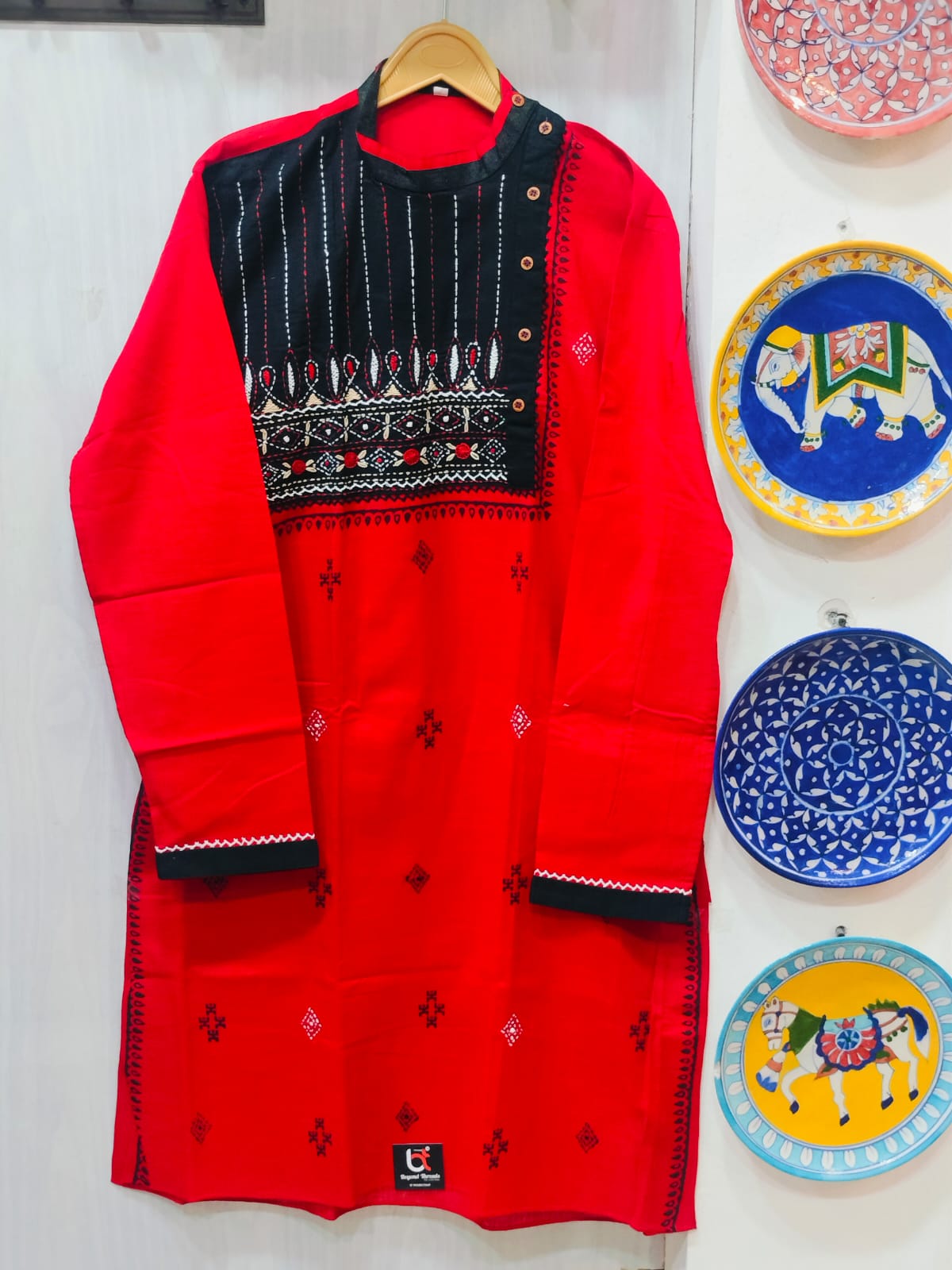 Handcrafted Crimson Red Cotton Men's Kurta with Kantha Embroidered Yoke