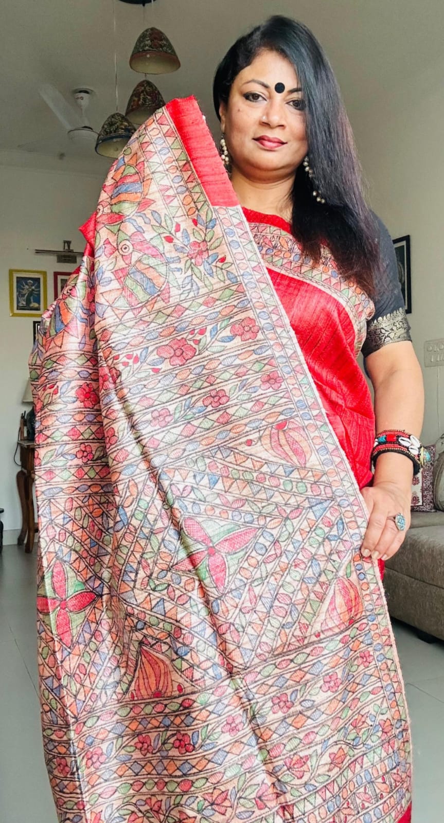 Handpainted Madhubani Tussar Gicha(Red)