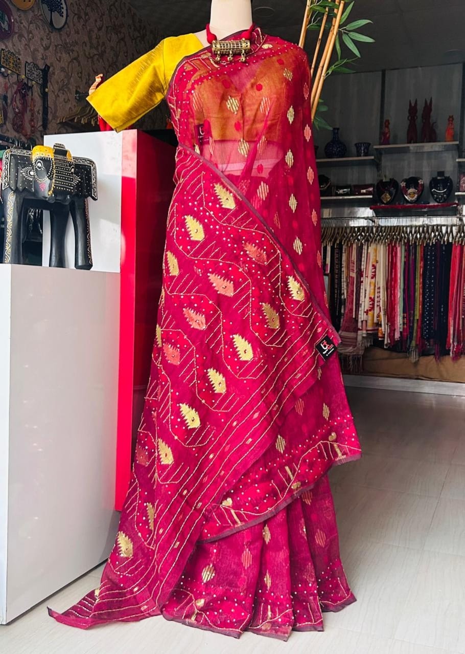 Handcrafted Rani Pink Jamdani Saree with Cutdana Work