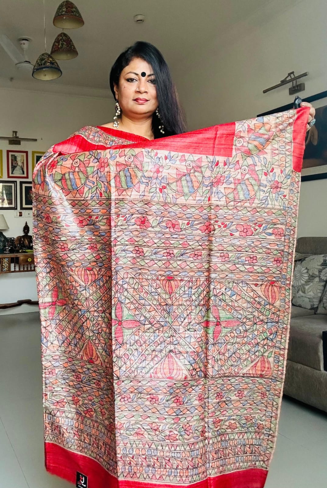 Handpainted Madhubani Tussar Gicha(Red)