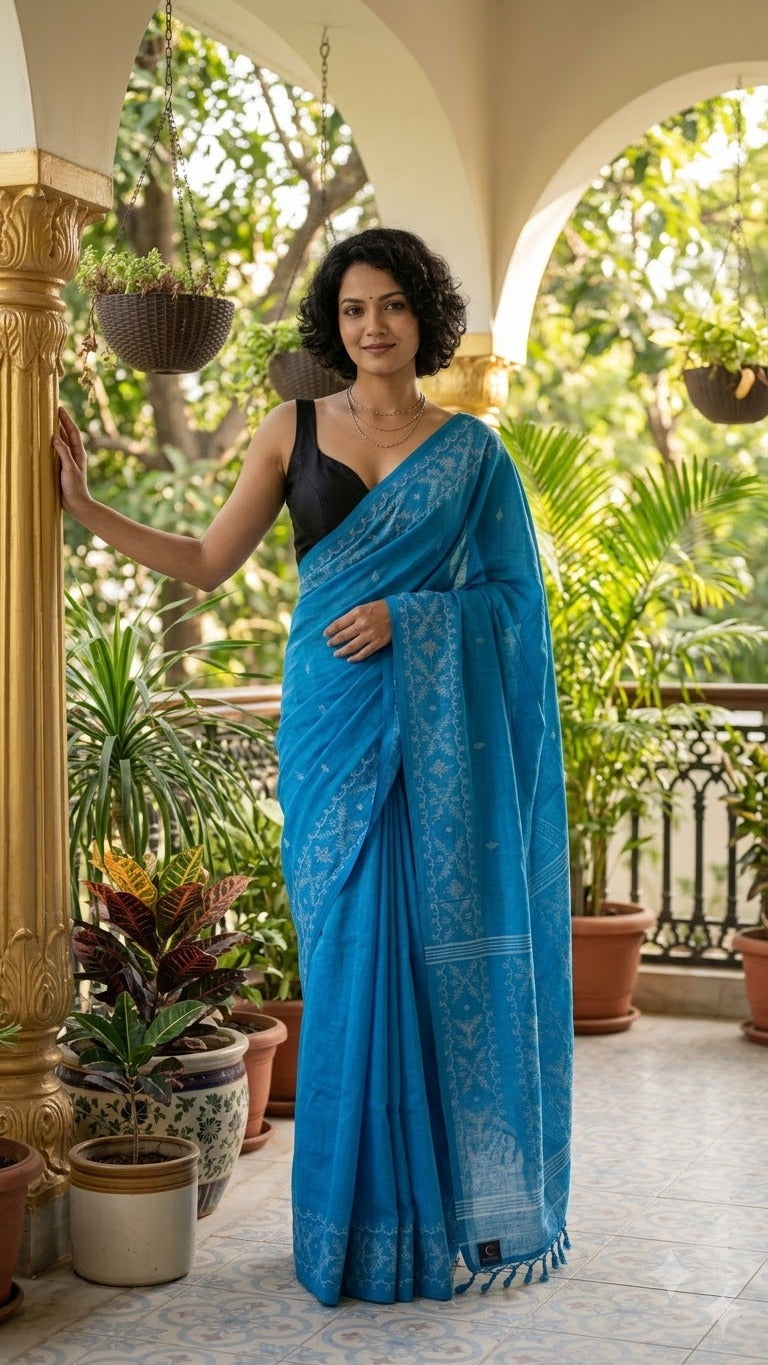 Handwoven Tussar Jamdani (Blue)