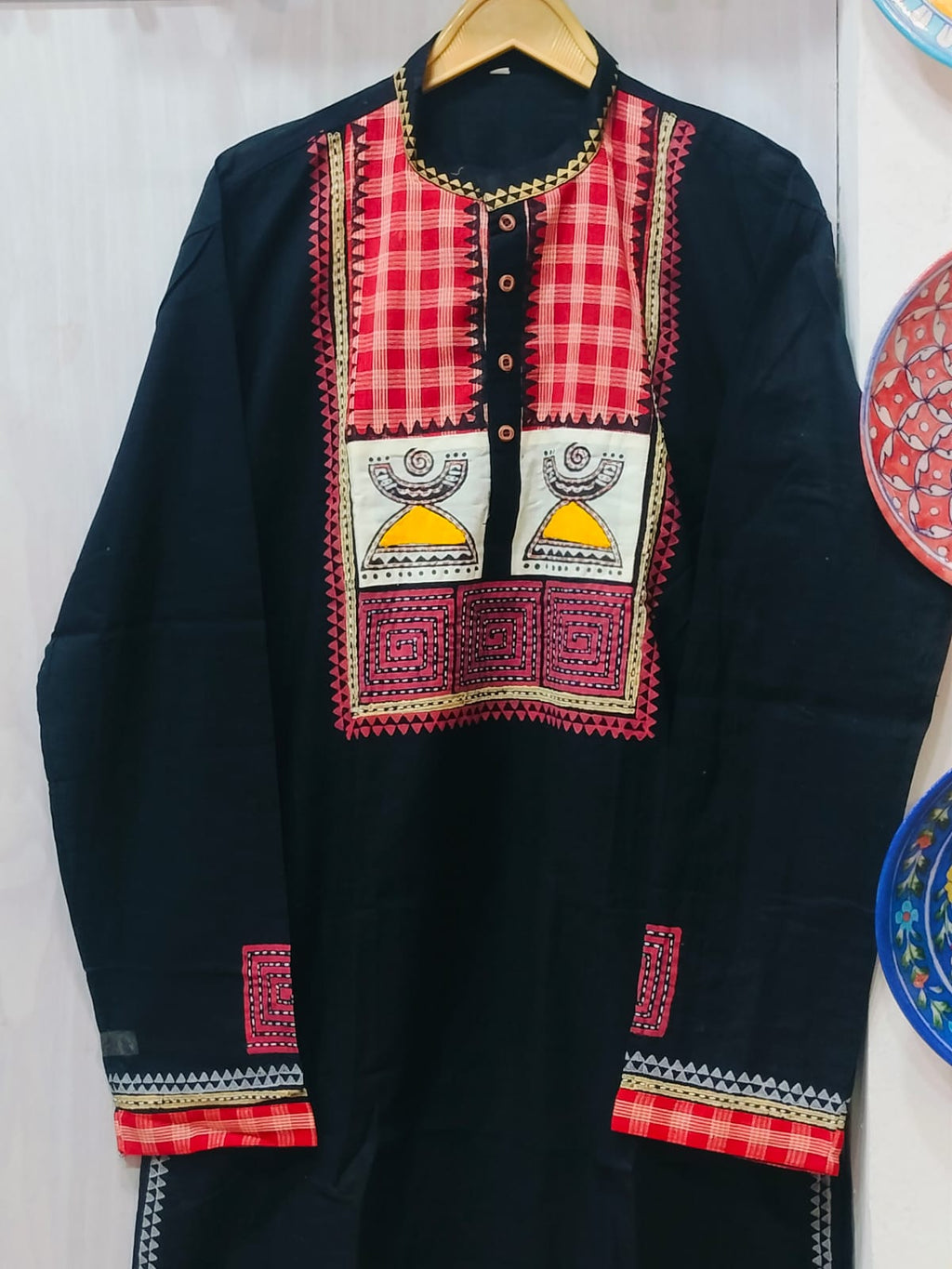 Handcrafted Jet Black Cotton Men's Kurta with Gamcha Patchwork Yoke