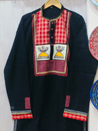 Handcrafted Jet Black Cotton Men's Kurta with Gamcha Patchwork Yoke