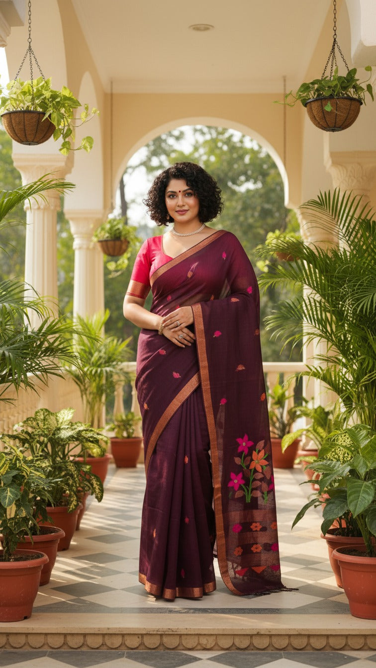 Handwoven Pure Linen Saree (Dark Brown)