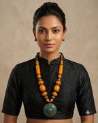 Handcrafted Amber Beaded Necklace with Turquoise Ornate Pendant