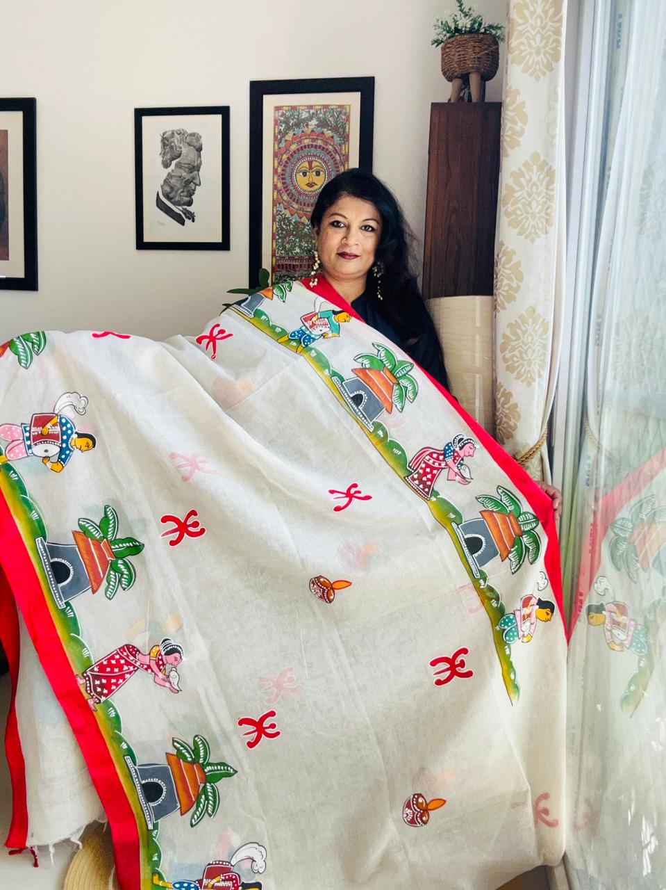 Hand-Painted Cotton Durga Puja Saree - Boat Journey Edition