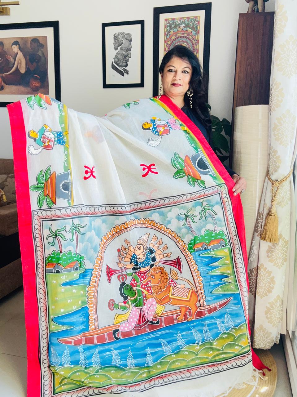 Hand-Painted Cotton Durga Puja Saree - Boat Journey Edition