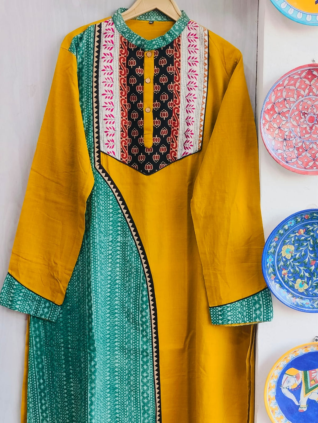 Gents Handcrafted Ochre Yellow Cotton Kurta with Asymmetrical Ajrakh Panel