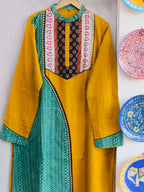 Gents Handcrafted Ochre Yellow Cotton Kurta with Asymmetrical Ajrakh Panel