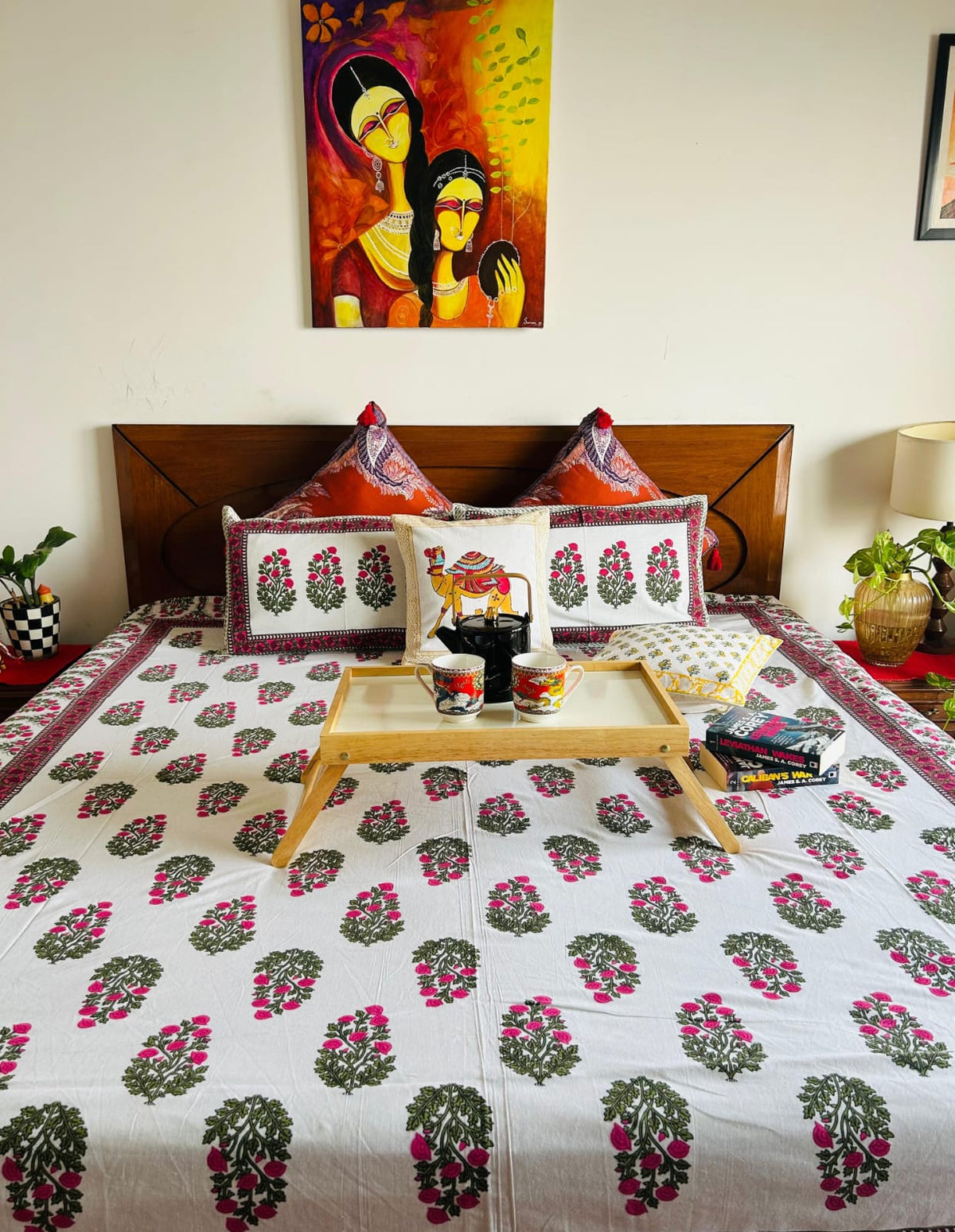 Handcrafted Mughal Floral Bush Hand-Block Printed Cotton Bedsheet Set