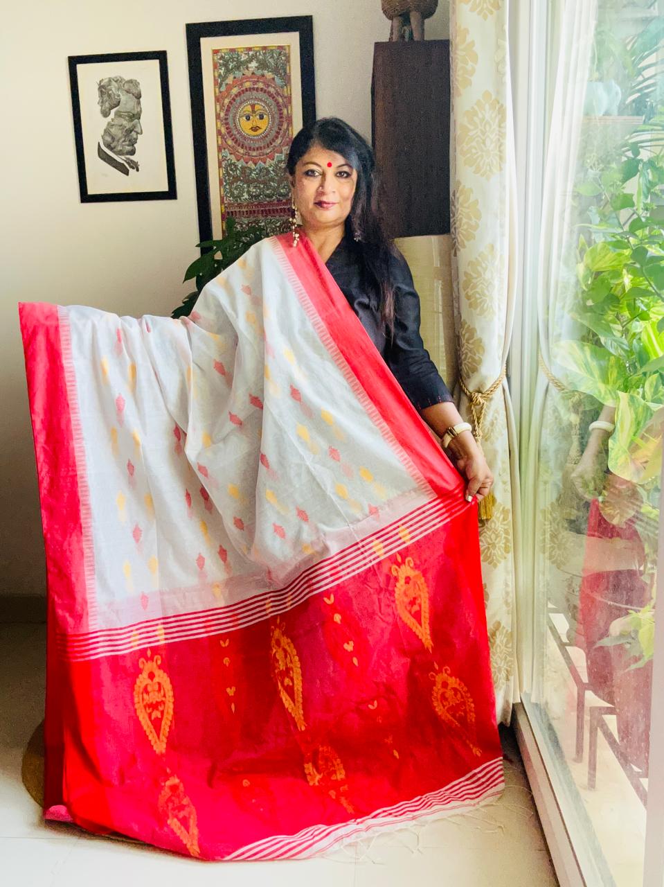 Handcrafted Off-White & Red Cotton Silk Jamdani Saree with Kalka Pallu