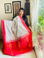 Handcrafted Off-White & Red Cotton Silk Jamdani Saree with Kalka Pallu