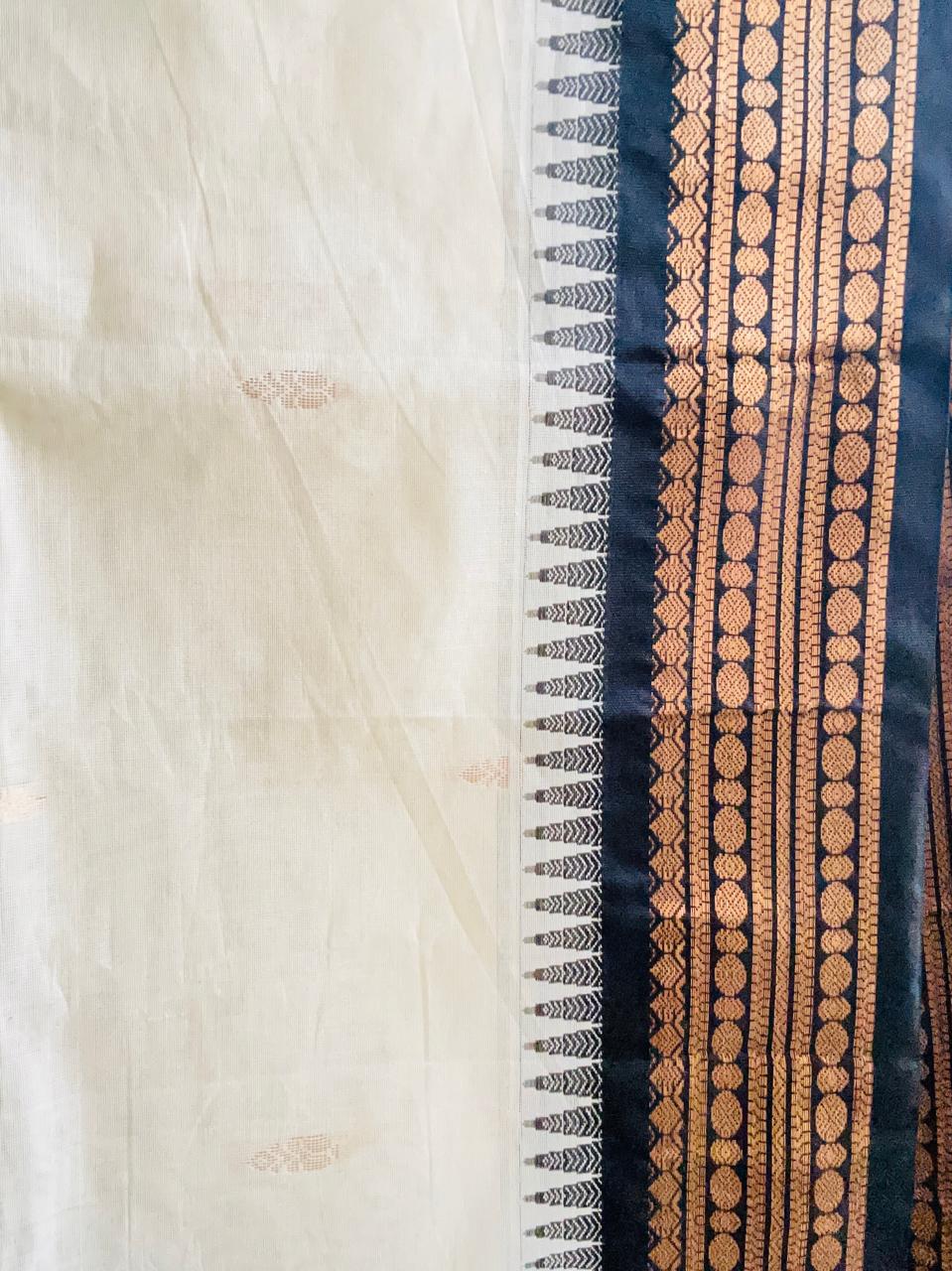 Handcrafted White Gadwal Cotton Saree with Bronze & Black Zari Border