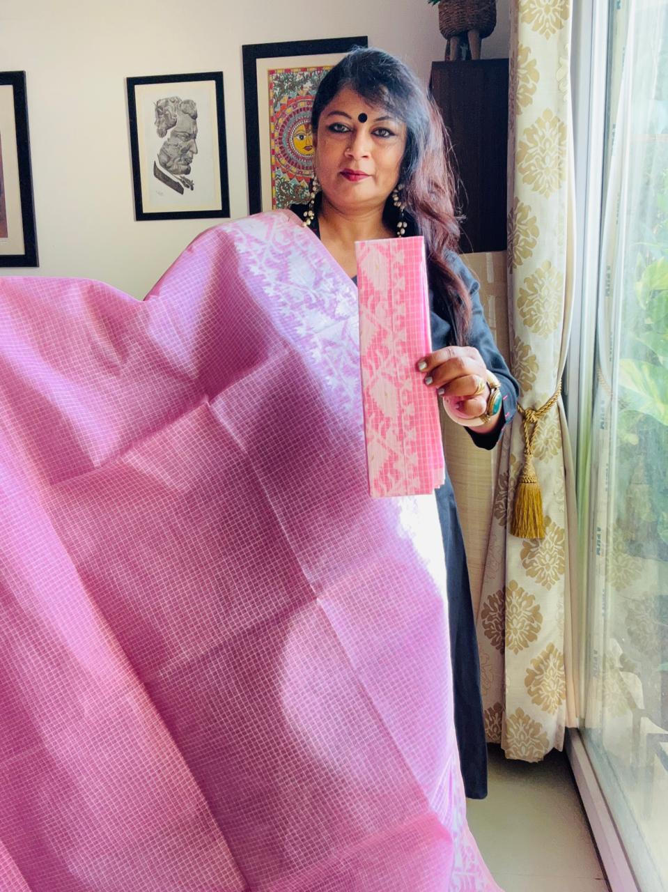 Handcrafted Candy Pink Cotton Jamdani Saree