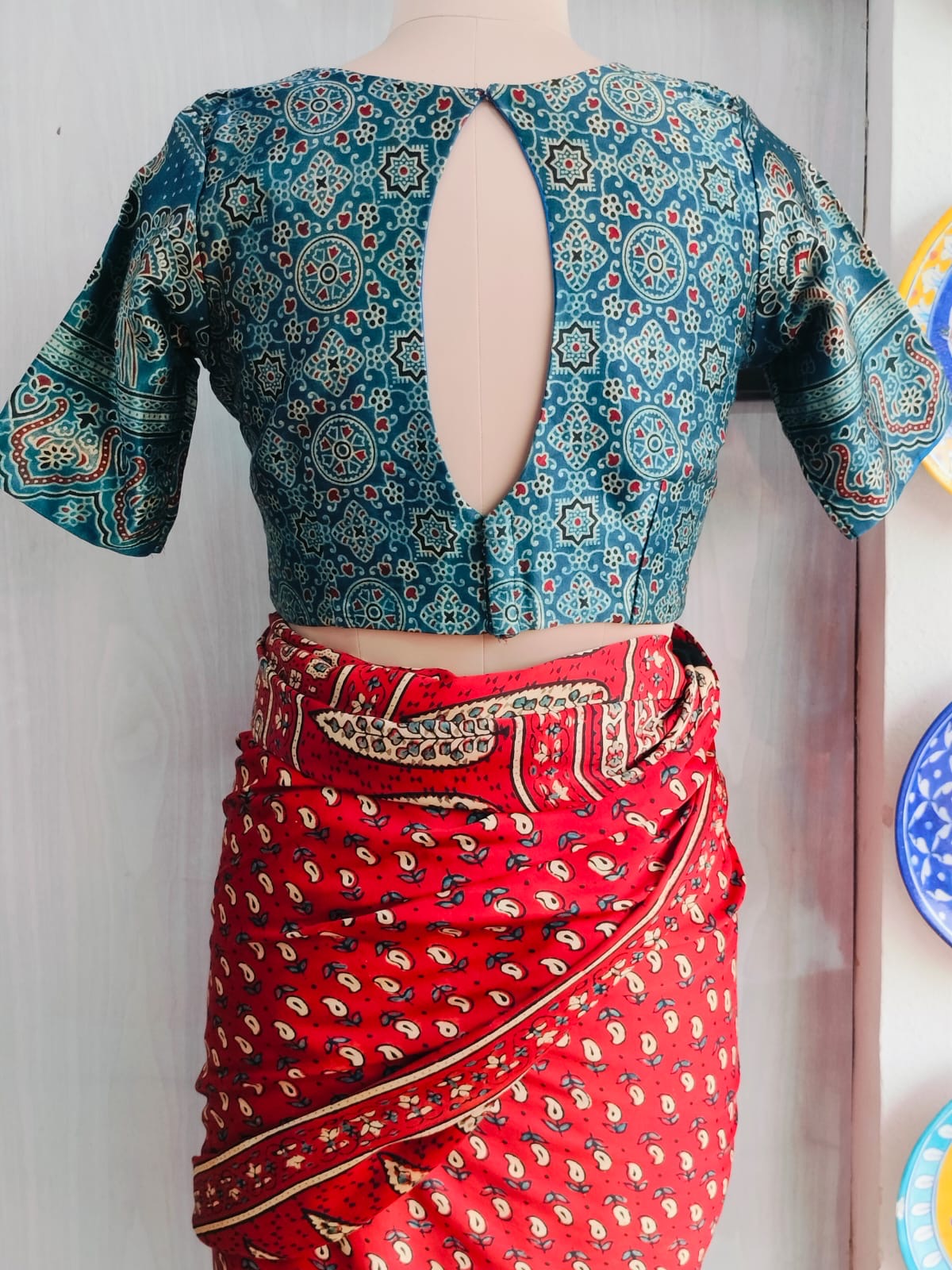 Front view of teal printed modal padded blouse